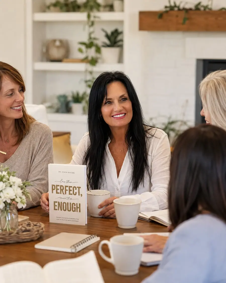 Dr. Sonya Rogers at a table with a small group of women, holding her book
