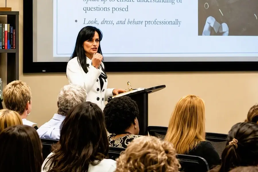 Dr. Sonya Rogers teaching a communication workshop to a seated room, slide on the screen behind her
